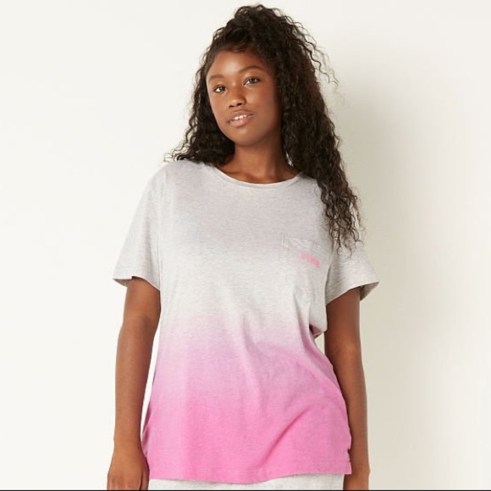 Victoria’s Secret PINK Campus Short Sleeve Tee Heather Stone Grey Dip Dye NEW